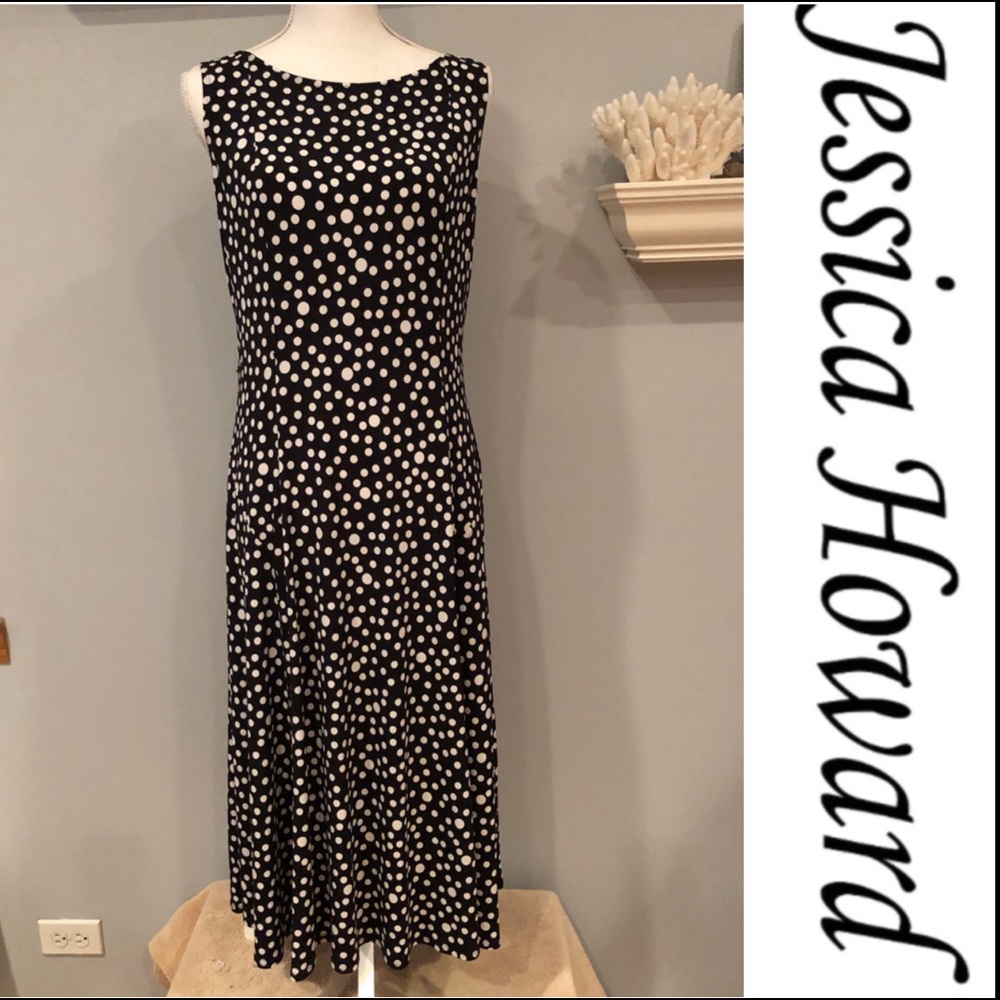 EUC Jessica Howard Black/White Polka Dot sleeveless dress size 8